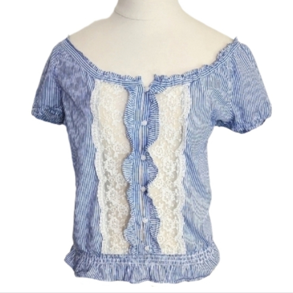 Forever 21 Blouse Y2KPeasant Ruffle Lace Partial Button Down Front Blue Size S - Picture 3 of 9